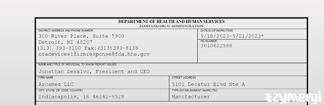 FDANews 483 Arcamed LLC Sep 21 2023 top