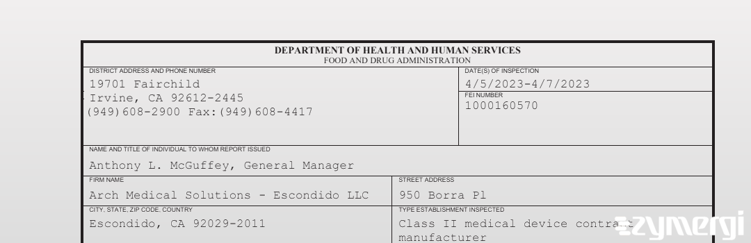 FDANews 483 Arch Medical Solutions - Escondido LLC Apr 7 2023 top