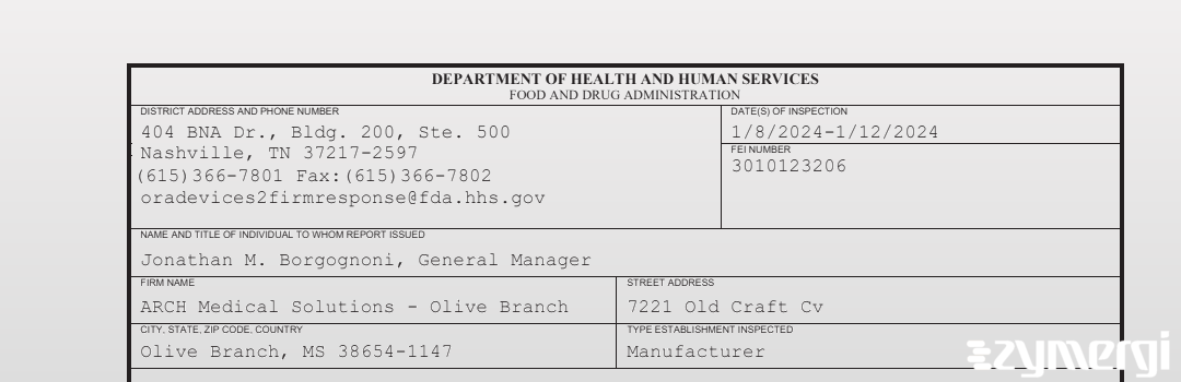 FDANews 483 ARCH Medical Solutions - Olive Branch Jan 12 2024 top