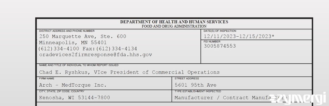 FDANews 483 Arch - MedTorque Inc. Dec 15 2023 top