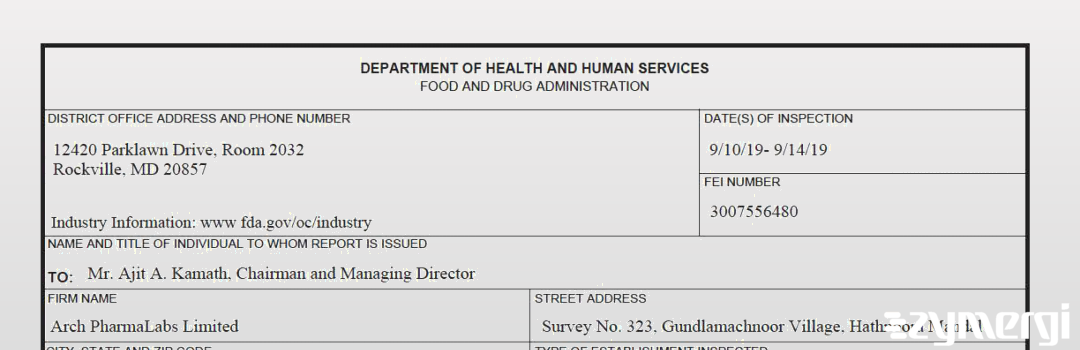 FDANews 483 Arch Pharmalabs Limited Sep 14 2019 top
