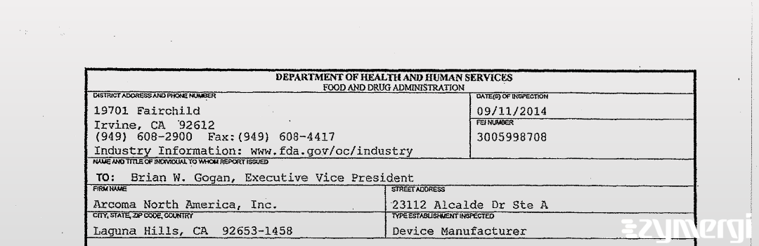 FDANews 483 Arcoma North America, Inc. Sep 11 2014 top