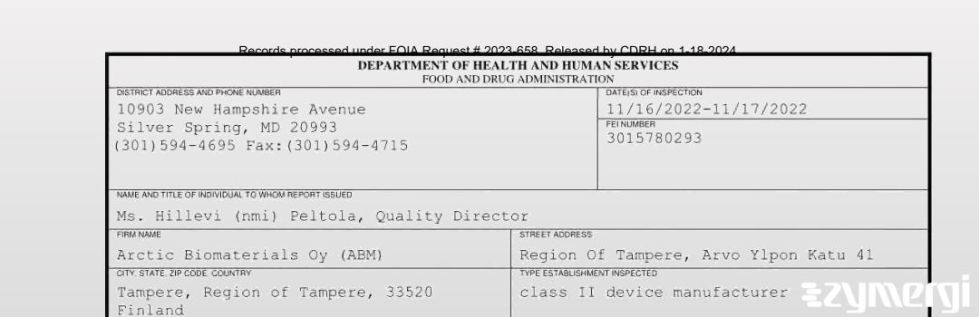 FDANews 483 Arctic Biomaterials Oy (ABM) Nov 17 2022 top