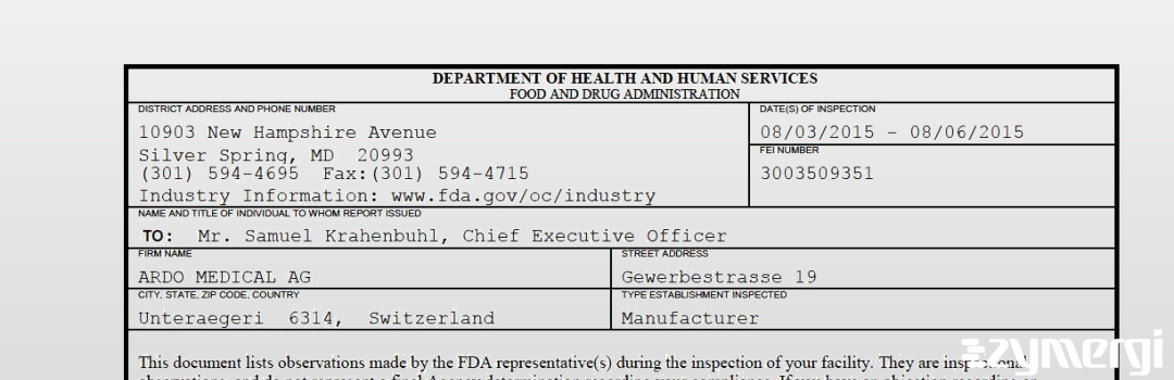 FDANews 483 ARDO MEDICAL AG Aug 6 2015 top