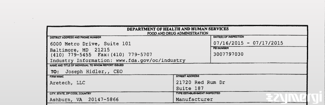 FDANews 483 Aretech, LLC Jul 17 2015 top