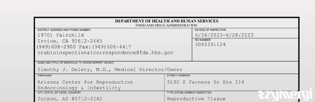 FDANews 483 Arizona Center for Reproductive Endocrinology & Infertility Jun 28 2023 top