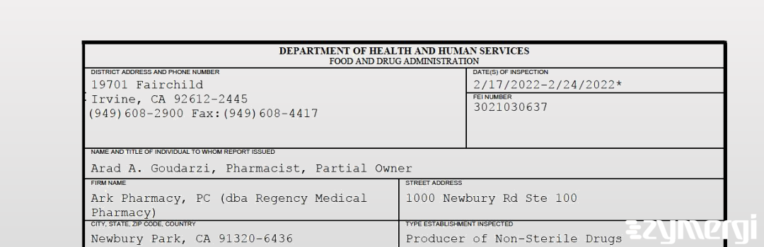 FDANews 483 Ark Pharmacy, PC (dba Regency Medical Pharmacy) Feb 24 2022 top