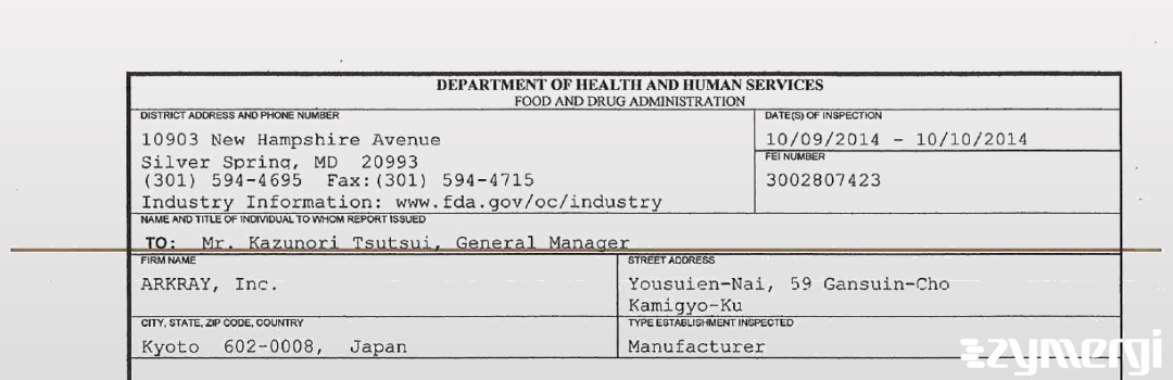FDANews 483 ARKRAY, Inc. Oct 10 2014 top