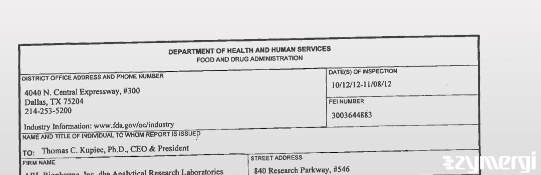 FDANews 483 ARL Biopharma, Inc. dba Analytical Research Laboratories Nov 8 2012 top