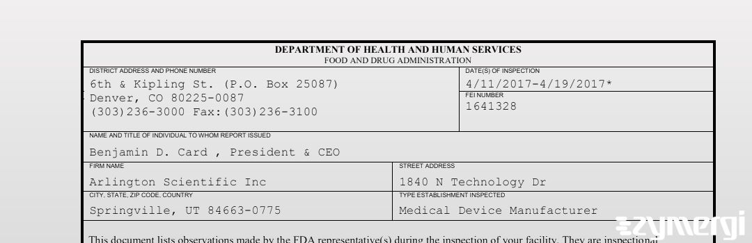 FDANews 483 Arlington Scientific, Inc Apr 19 2017 top