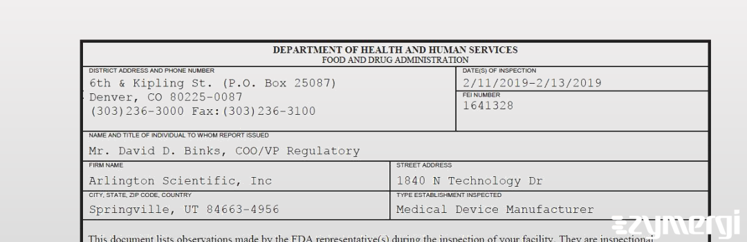 FDANews 483 Arlington Scientific, Inc Feb 13 2019 top