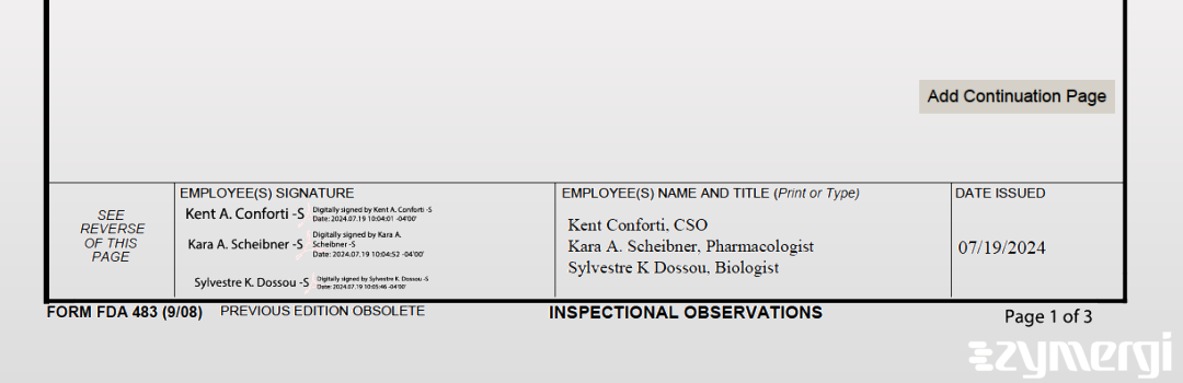 Kent A. Conforti FDA Investigator Kara A. Scheibner FDA Investigator Sylvestre K. Dossou FDA Investigator