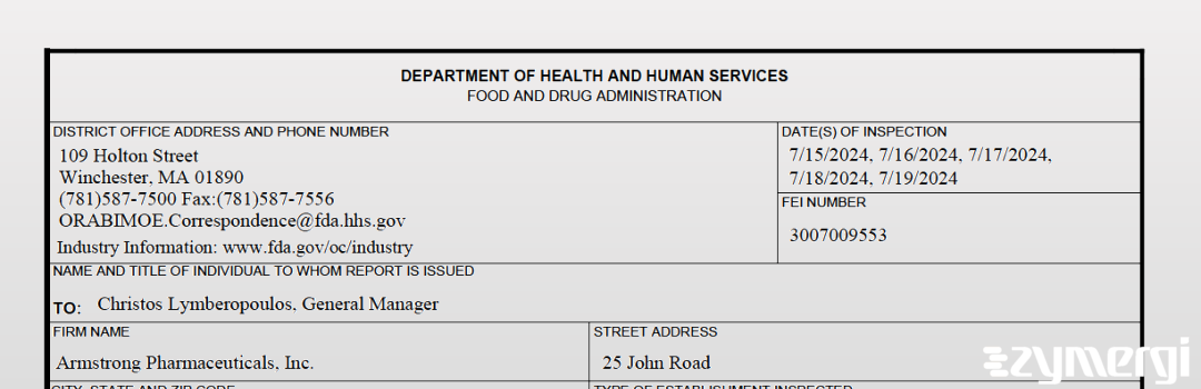 FDANews 483 Armstrong Pharmaceuticals, Inc. Jul 19 2024 top