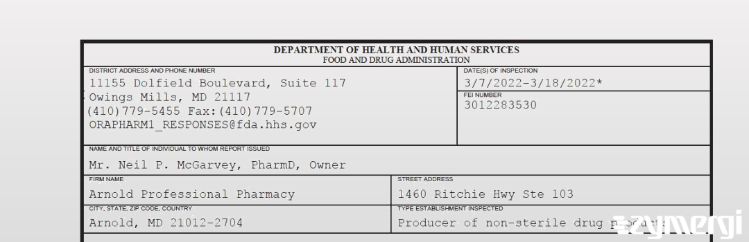 FDANews 483 Arnold Professional Pharmacy Mar 18 2022 top