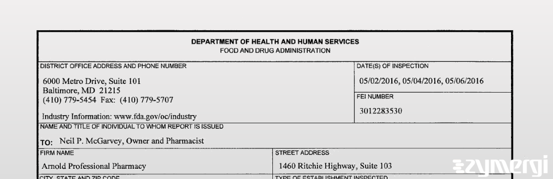 FDANews 483 Arnold Professional Pharmacy May 6 2016 top