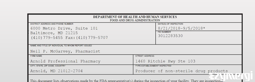 FDANews 483 Arnold Professional Pharmacy Sep 5 2018 top