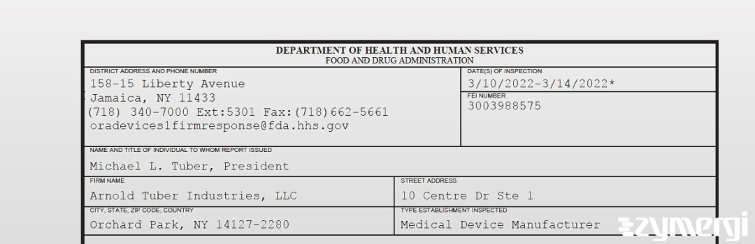 FDANews 483 Arnold Tuber Industries, LLC Mar 14 2022 top