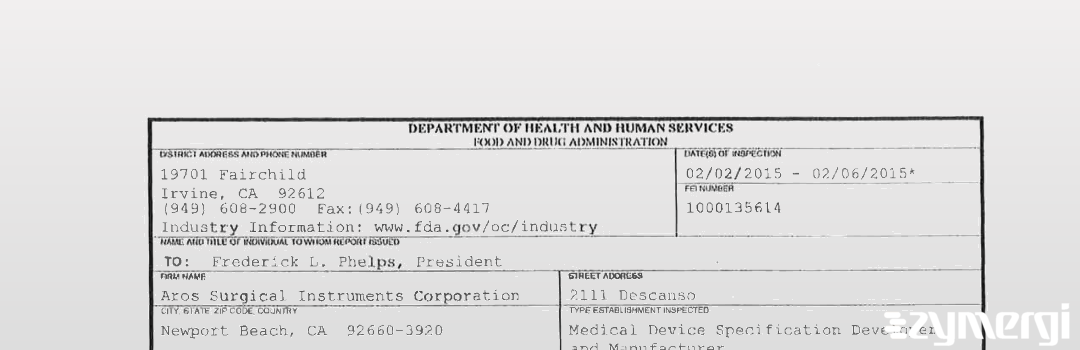 FDANews 483 Aros Surgical Instruments Corporation Feb 6 2015 top