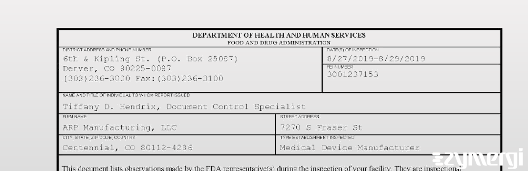 FDANews 483 ARP Manufacturing, LLC Aug 29 2019 top