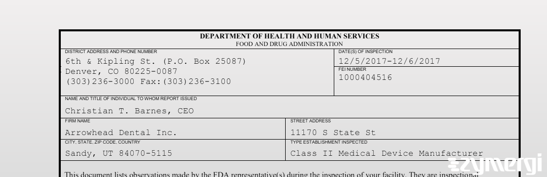 FDANews 483 Arrowhead Dental Inc. Dec 6 2017 top