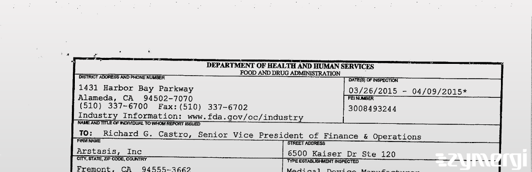 FDANews 483 Arstasis, Inc Apr 9 2015 top