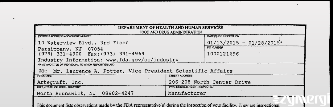 FDANews 483 Artegraft, Inc. Jan 28 2015 top