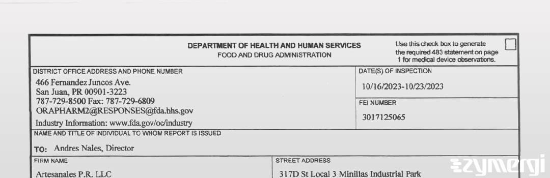 FDANews 483 Artesanales P.R. LLC Oct 23 2023 top