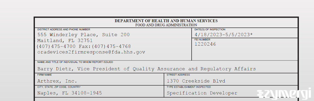 FDANews 483 Arthrex, Inc. May 5 2023 top