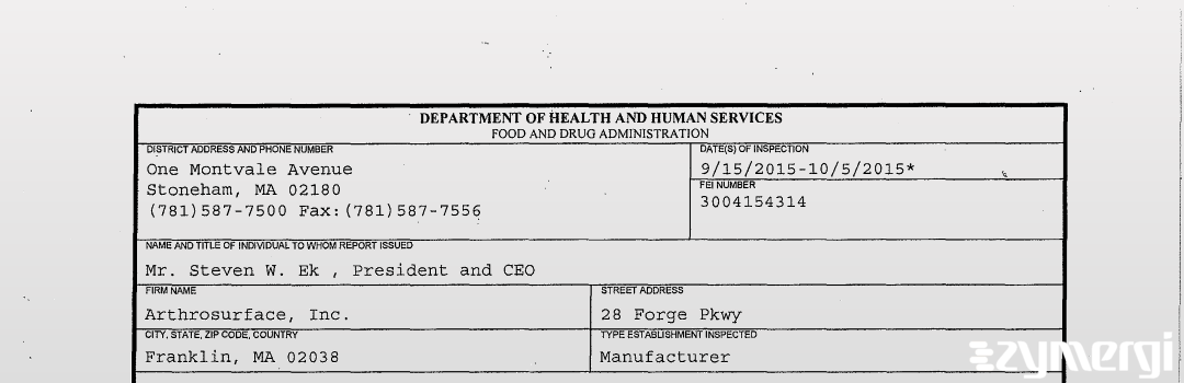 FDANews 483 Arthrosurface, Inc. Oct 5 2015 top