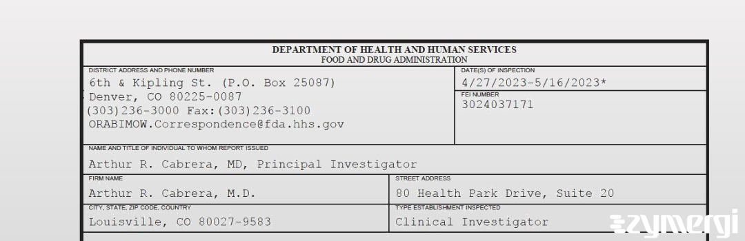 FDANews 483 Arthur R. Cabrera, M.D. May 16 2023 top