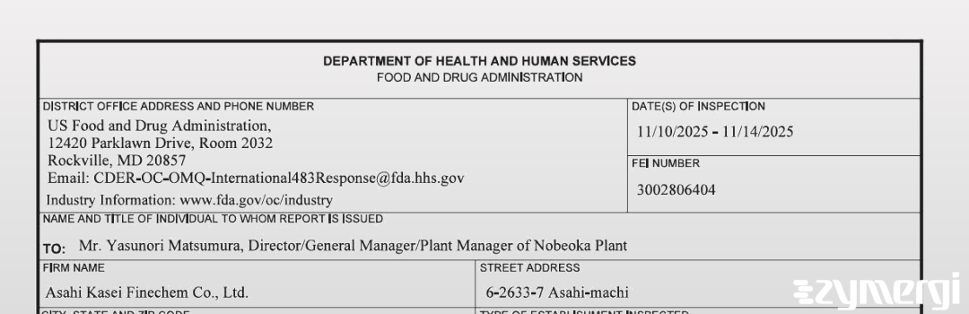 FDANews 483 Asahi Kasei Finechem Co., Ltd. Nov 14 2025 top