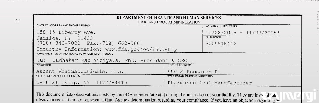FDANews 483 Ascent Pharmaceuticals Inc Nov 9 2015 top
