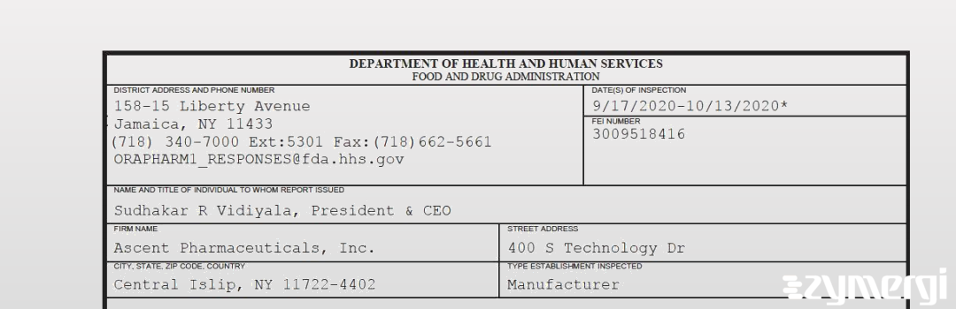 FDANews 483 Ascent Pharmaceuticals Inc Oct 13 2020 top