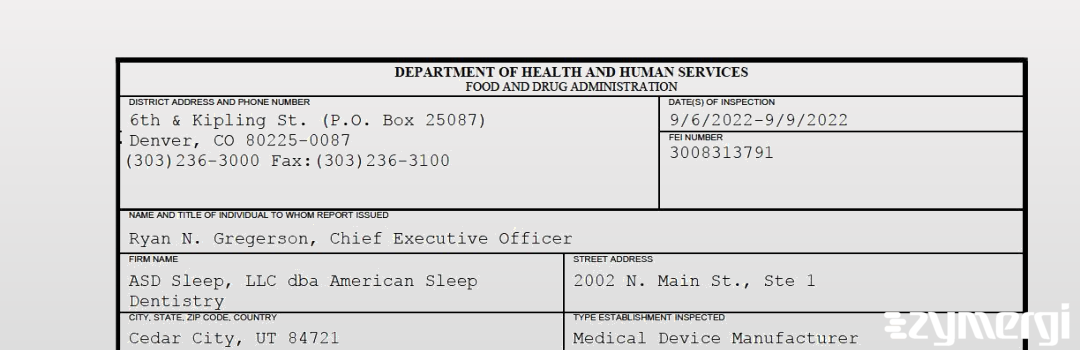 FDANews 483 ASD Sleep, LLC dba American Sleep Dentistry Sep 9 2022 top