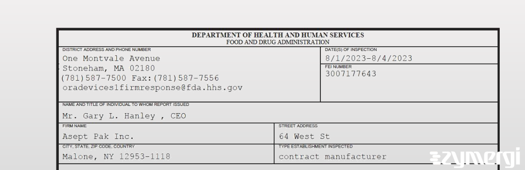 FDANews 483 Asept Pak Inc. Aug 4 2023 top