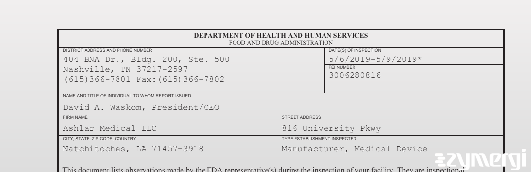 FDANews 483 Ashlar Medical LLC May 9 2019 top