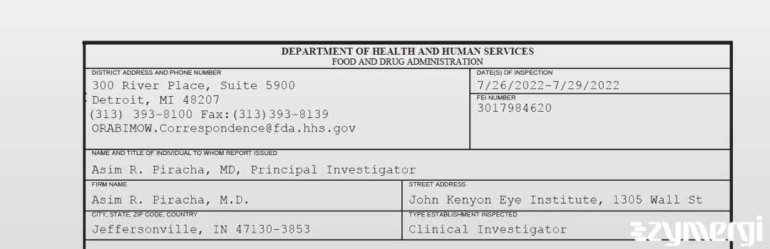 FDANews 483 Asim R. Piracha, M.D. Jul 29 2022 top