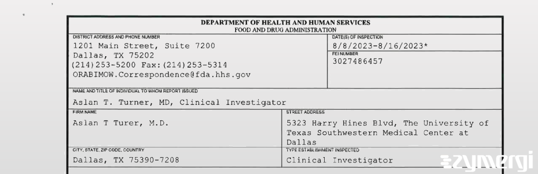 FDANews 483 Aslan T Turer, M.D. Aug 16 2023 top