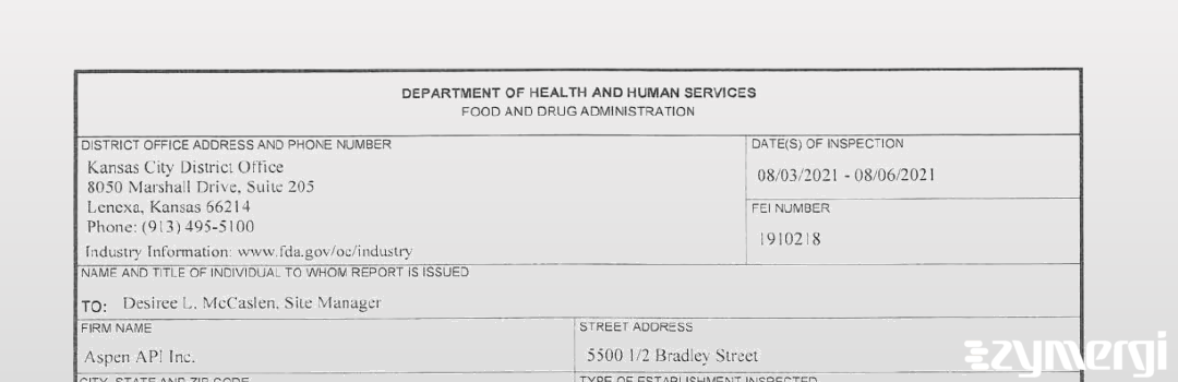 FDANews 483 Aspen API Inc Aug 6 2021 top