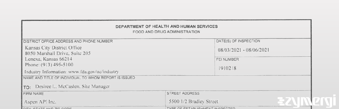 FDANews 483 Aspen API Inc Aug 6 2021 top