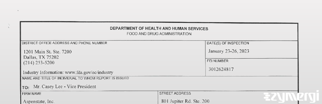 FDANews 483 ASPENSTATE, INC Jan 26 2023 top