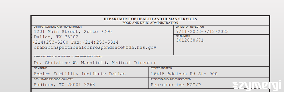 FDANews 483 Aspire Fertility Institute Dallas Jul 12 2023 top