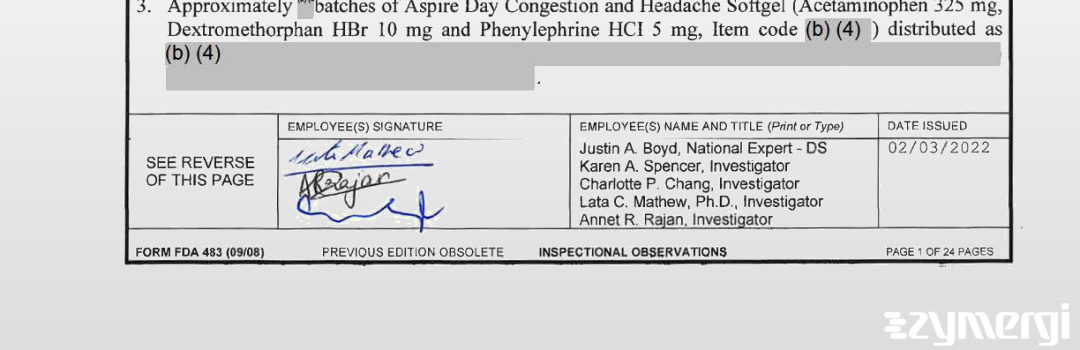 Charlotte P. Chang FDA Investigator Annet R. Rajan FDA Investigator Lata C. Mathew FDA Investigator Justin A. Boyd FDA Investigator Karen A. Spencer FDA Investigator 