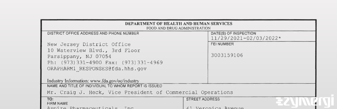 FDANews 483 Aspire Pharmaceuticals, Inc. Feb 3 2022 top