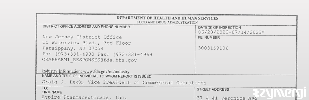 FDANews 483 Aspire Pharmaceuticals, Inc. Jul 14 2023 top