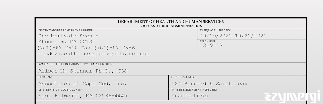 FDANews 483 Associates of Cape Cod, Inc. Oct 21 2021 top