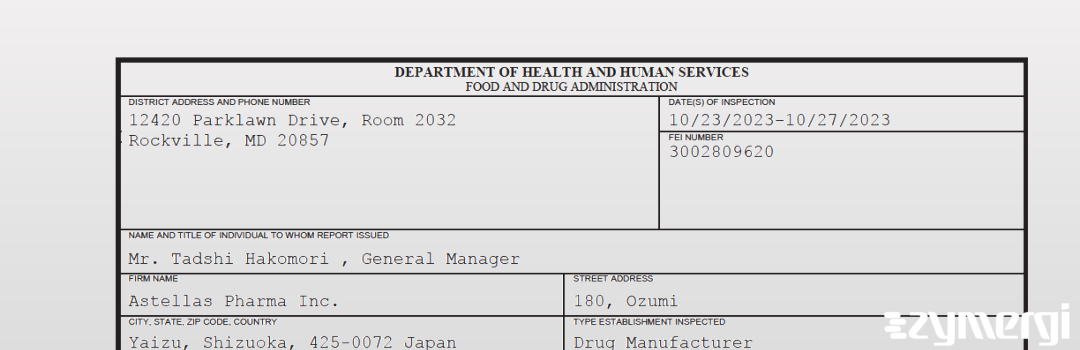 FDANews 483 Astellas Pharma Inc. Oct 27 2023 top