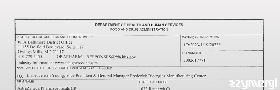 FDANews 483 AstraZeneca Pharmaceuticals, LP Jan 19 2023 top