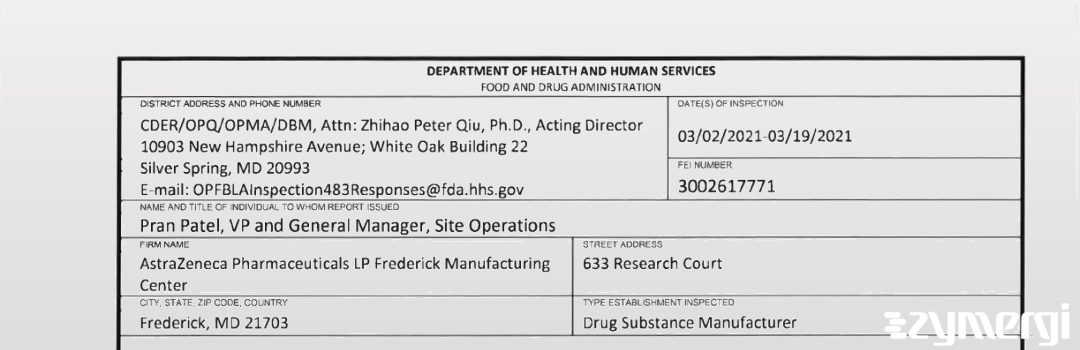 FDANews 483 AstraZeneca Pharmaceuticals, LP Mar 19 2021 top