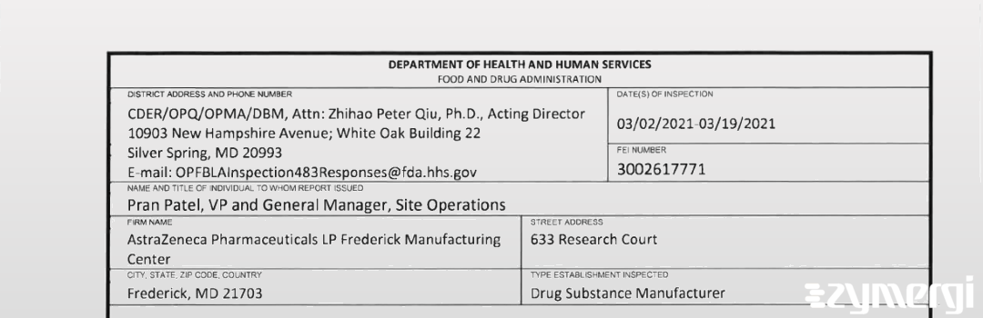 FDANews 483 AstraZeneca Pharmaceuticals, LP Mar 19 2021 top